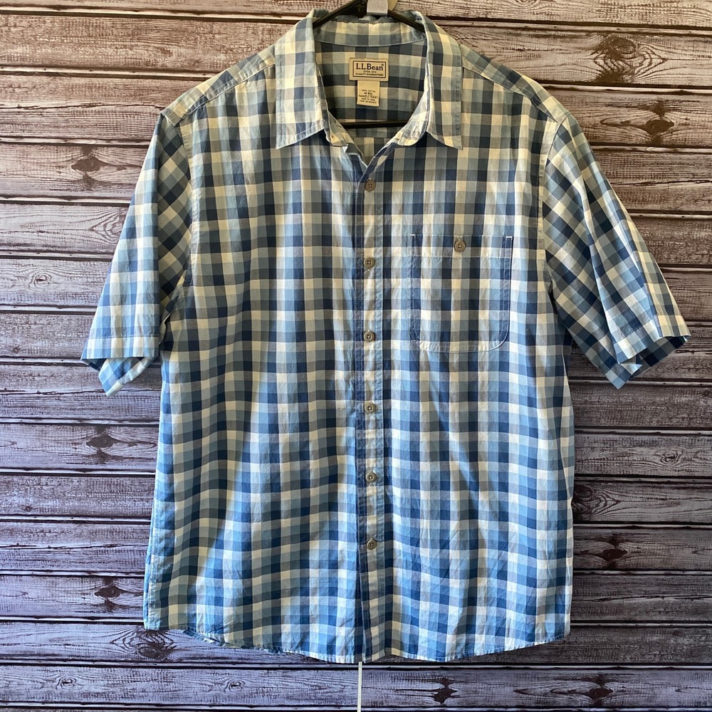 LL Bean Men's Short-Sleeved Button-Down Shirt Size‎ M Blue White Plaid